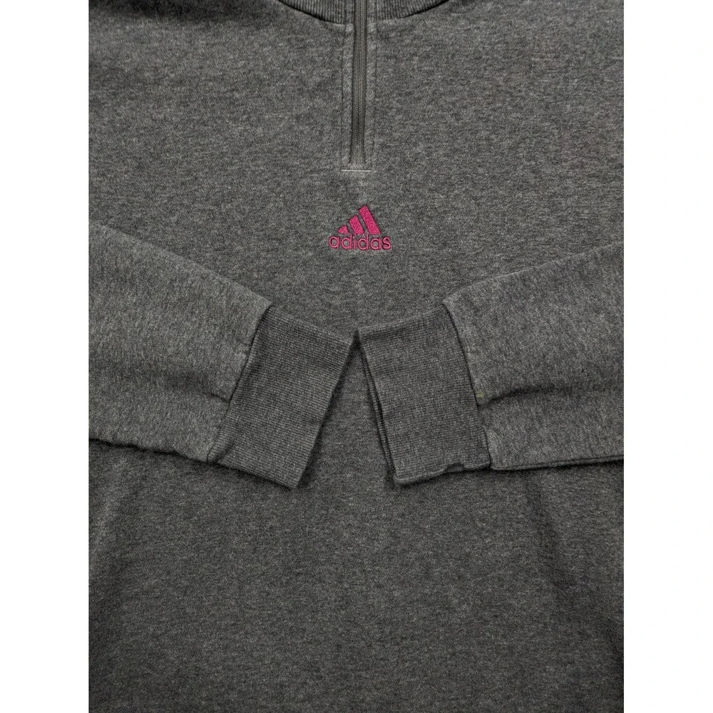 Adidas Sweatshirt Mens Large Gray 1/4 Zip Fleece Pullover Pink Logo Pockets